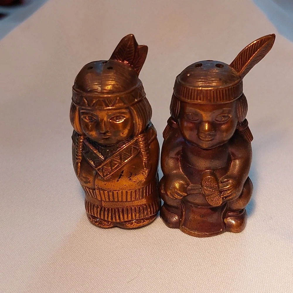 Vintage Salt and Pepper Shakers Set Cast Metal Native American EUC